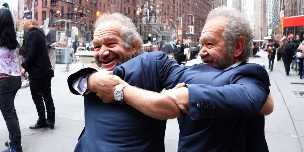 Image similar to Alan Sugar offering free hugs to people in the street, NYC, kindness