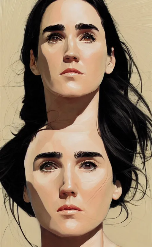 Image similar to detailed artwork by phil noto ; jennifer connelly ; brush texture ; asymmetric composition ; gallery painting by phil noto, by phil noto.