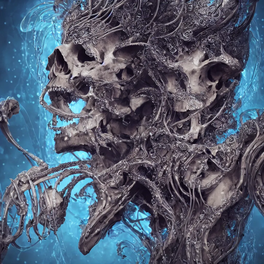 Image similar to close-up macro portrait of the face of a beautiful princess with animal skull mask, epic angle and pose, ribcage bones symmetrical artwork, 3d with depth of field, blurred background, cybernetic jellyfish female face skull phoenix bird, translucent, nautilus, energy flows of water and fire. a highly detailed epic cinematic concept art CG render. made in Maya, Blender and Photoshop, octane render, excellent composition, cinematic dystopian brutalist atmosphere, dynamic dramatic cinematic lighting, aesthetic, very inspirational, arthouse. y Greg Rutkowski, Ilya Kuvshinov, WLOP, Stanley Artgerm Lau, Ruan Jia and Fenghua Zhong