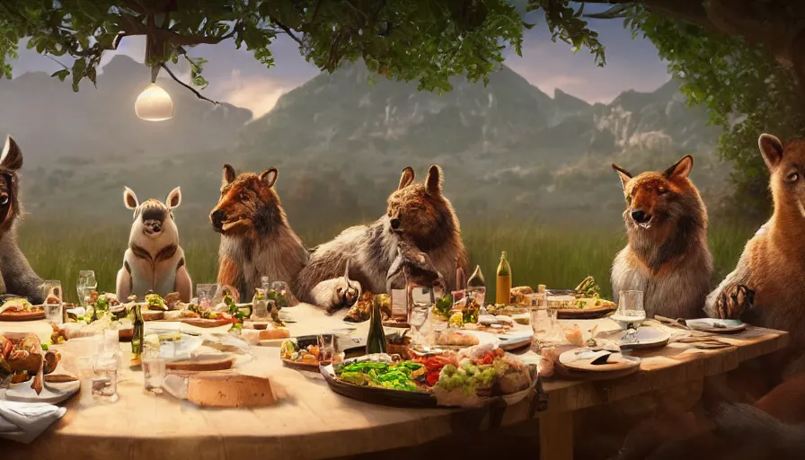 Prompt: a table dinner of animals where animals are dressed like the characters from the midsommar movie, realistic detailed digital art by maxwell boas jessica rossier christian dimitrov anton fadeev trending on artstation cgsociety rendered in unreal engine 4 k hq