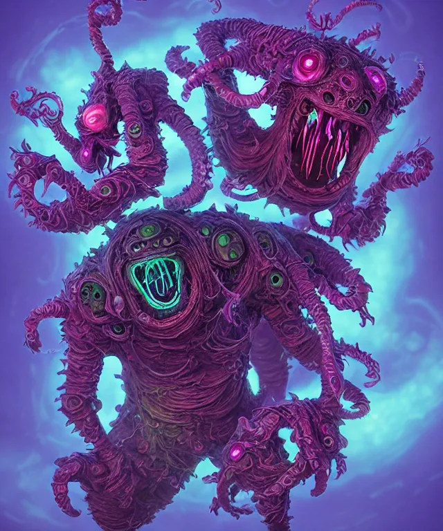 Image similar to a two headed xanathar made of bioluminescence in the art style of monsters inc, crisp 8 k line art, digital painting, artstation, unreal engine, octane render, emissive lighting, concept art, matte, sharp focus, hyper realistic lighting, illustration, deep royal blue and pink color scheme, art by philippe druillet