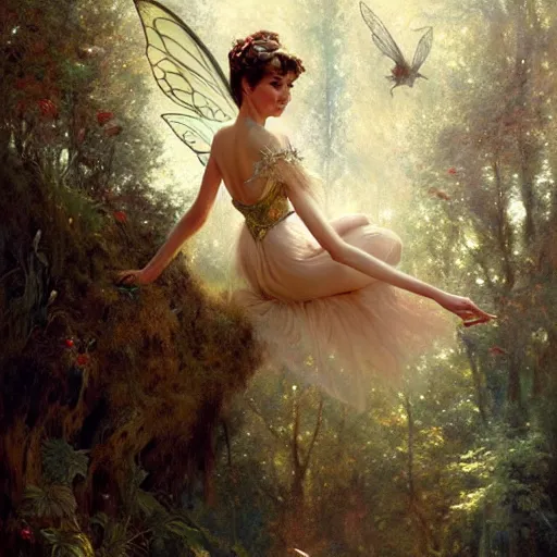 Image similar to audrey hepburn as a winged fairy in a fantasy forest, various backgrounds, highly detailed, digital painting, artstation, matte, illustration, art by gaston bussiere, greg rutkowski, tom bagshaw