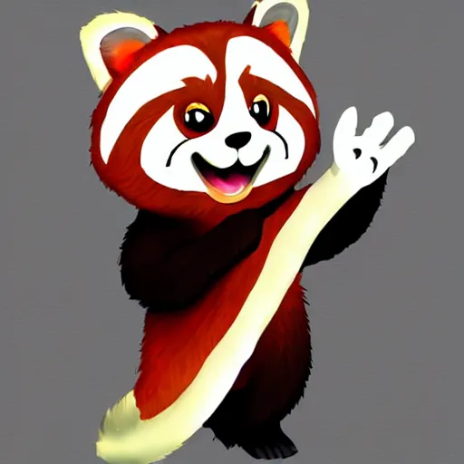 Image similar to friendly cartoon red panda waving hand, game art, arstation