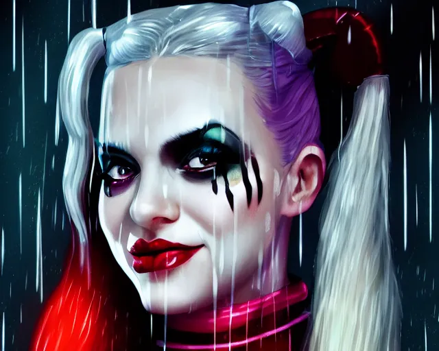Image similar to closeup headshot of seductive harley quinn in the rain, bladerunner, backlit, night club, futurepunk, gta v, pinup, nagel, arney freytag, dark moody, cinematic, greg rutkowski, octane!