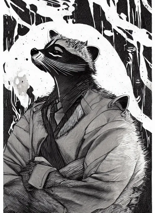 Image similar to a dramatic illustration portrait of an anthropomorphic raccoon mob boss, by posuka demizu, by stephen gammell, by victo ngai, by george ault, in the style of animal crossing, artstation