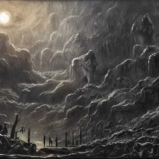 Image similar to big dark landscape, fantasy world, chilling overwhelming oil painting, brutal unforgiving creatures waiting in the shadows, hopeless and dreadful sounds of tortured people