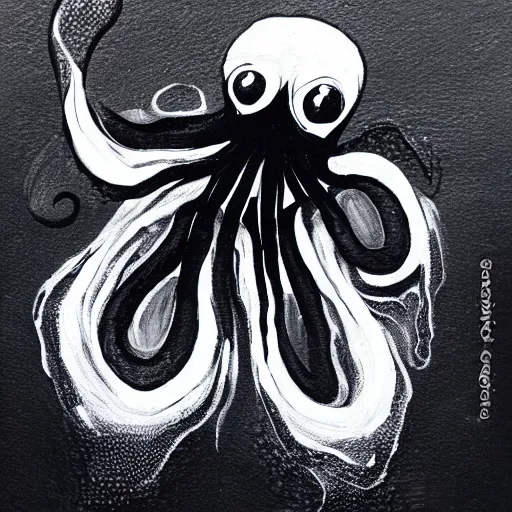 Prompt: detailed spooky black octopus painted on white background