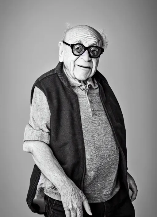 Image similar to DSLR photo portrait still of 85 year old age 85 Danny Devito at age 85!!!, 85mm f1.8