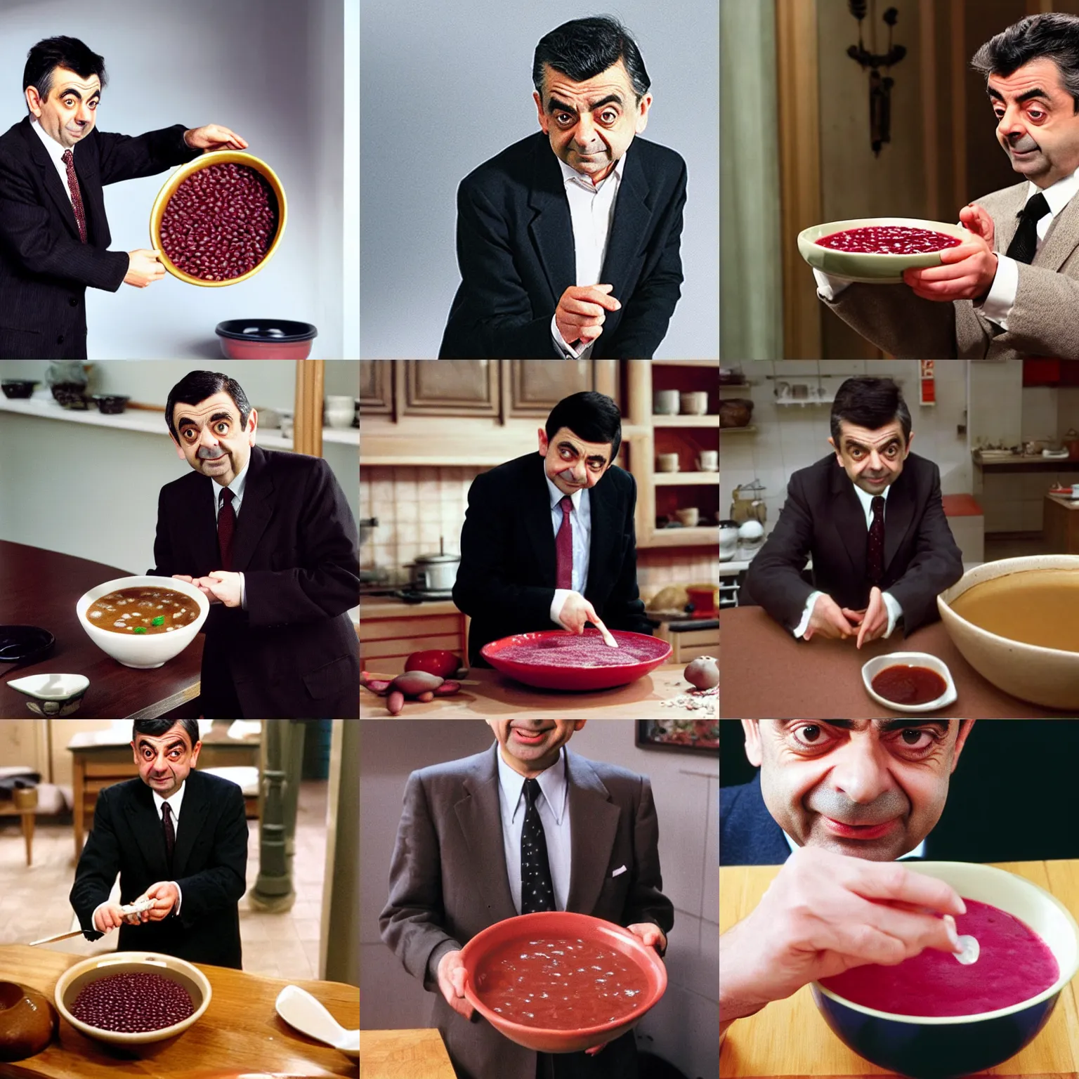 Prompt: rowan atkinson as mr bean preparing a bowl of red bean soup