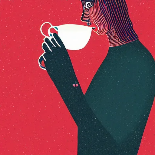 Prompt: illustration a girl drink a coffee, by malika favre and victo ngai