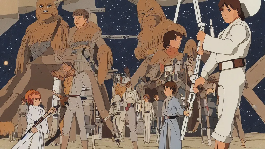 Prompt: film still Star Wars a new hope 1977 studio ghibli animation