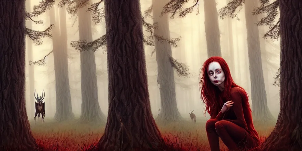 Image similar to surrounded by trees, realistic character concept, gorgeous Kacey Rohl, red hair, small freckles, symmetrical face, symmetrical eyes, full body, covered in blood, dark forest, tall Wendigo creature in background, trees, shorter neck, cinematic lighting, Joshua Middleton and artgerm, fear anxiety terror