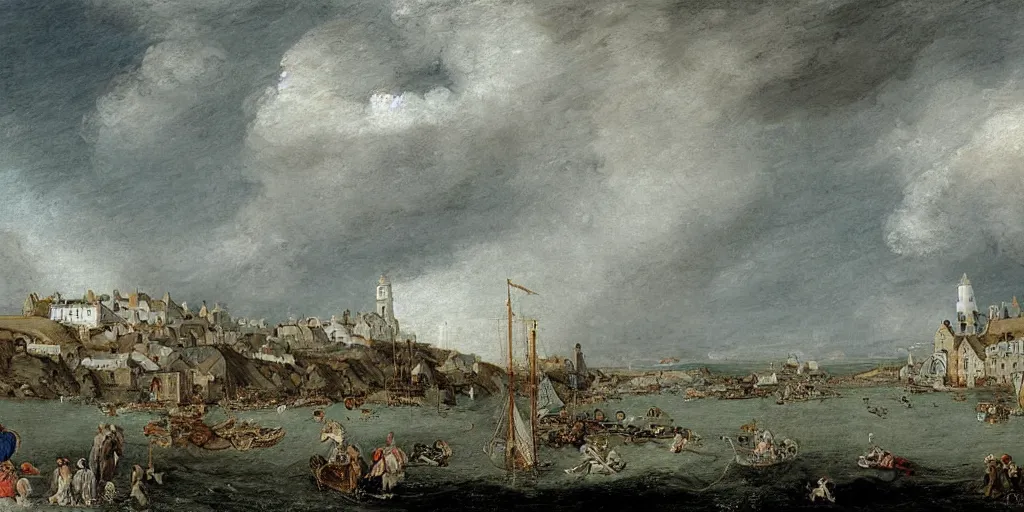 Prompt: a painting of the harbour at Stromness, orkney islands, small houses, boats, sea, stormy clouds, by François Boucher, by Antoine Watteau