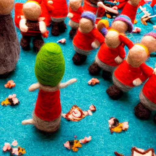 Prompt: a photography of little gnomes made out of wool on a stopmotion landscape made out of wool and yarn