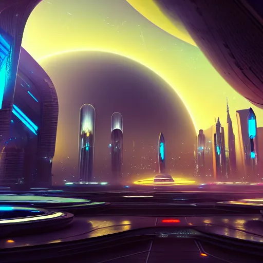 Image similar to in a futuristic city with planets and galaxies in the sky, 4k, HDR, award-winning, landscape, octane render, artstation