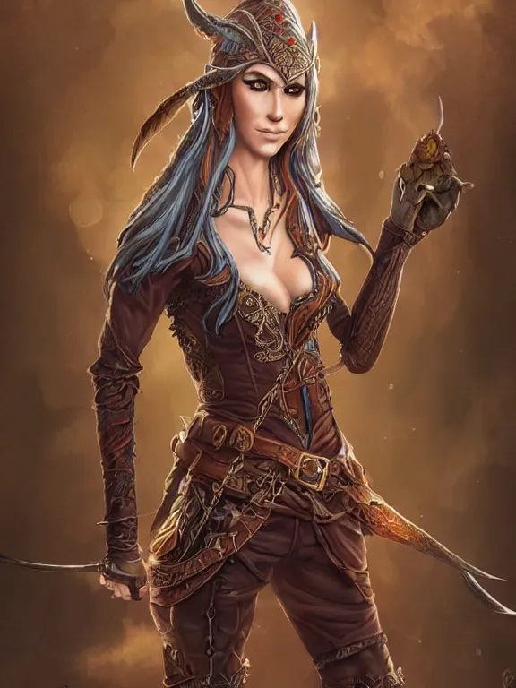 Prompt: full body portrait of a female elven pirate, character design, correct anatomy, concept art, digital illustration, ray tracing, ultra detailed, fantasy, intricate and highly detailed, coloured with lots of colour, pose, fantasy, sharp focus,