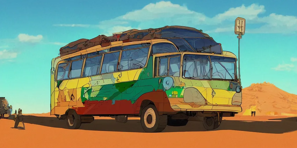Prompt: an israeli egged bus driving in the negev, noon, sunlights, wide shot, digital art, ghibli style, vivid colors, flat colors, trending on artstation, high quality