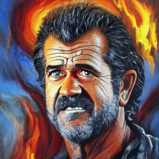 Image similar to Mel Gibson emerging from the depths of hell, dramatic painting, trending on arstation