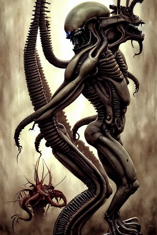 Image similar to xenomorph and david | esoteric symbolism | jean - baptiste monge, esao andrews, bastien lecouffe - deharme, tim jacobus, ken currie | ultra - detailed realism, soft cinematic lighting, hi - fructose, artstation, high - quality, ink watercolors wes anderson poster art