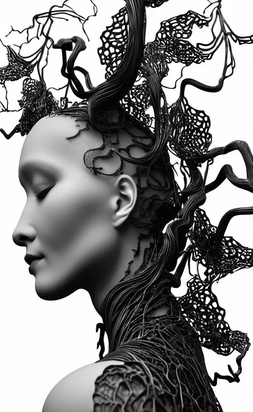 Image similar to black and white complex 3d render of 1 beautiful profile woman porcelain face, vegetal dragon cyborg, 150 mm, sinuous silver metallic ghost orchid and magnolia stems, roots, leaves, fine foliage lace, maze-like, black metalic carbon armour with silver details fractal, anatomical, surrounded by smoke, facial muscles, cable wires, microchip, elegant, highly detailed, rim light, octane render, H.R. Giger style, David Uzochukwu