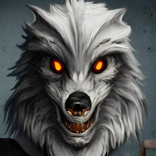 Image similar to a scraggly friendly but foreboding looking werewolf stares at you with a hungry look trending on artstation