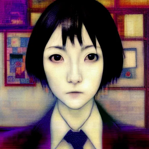 Image similar to yoshitaka amano blurred and dreamy realistic three quarter angle portrait of a young woman with short hair and black eyes wearing office suit with tie, junji ito abstract patterns in the background, satoshi kon anime, noisy film grain effect, highly detailed, renaissance oil painting, weird portrait angle, blurred lost edges