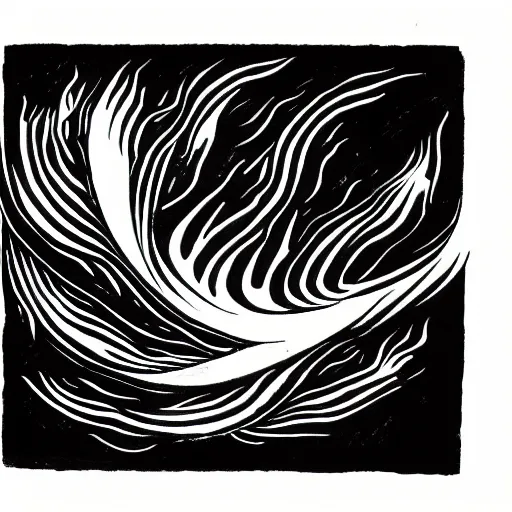 Prompt: high contrast black ink on white paper ball of flames block print illustration