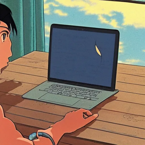 Prompt: guy with black hair using a laptop, tan skin, looking down, art by hayao miyazaki, studio ghibli film, twitter pfp sunset