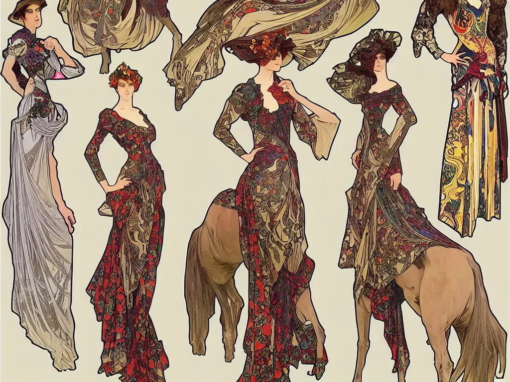 Image similar to 4 elegant full length spider horse dress designs with natural history prints designed by alphonso mucha