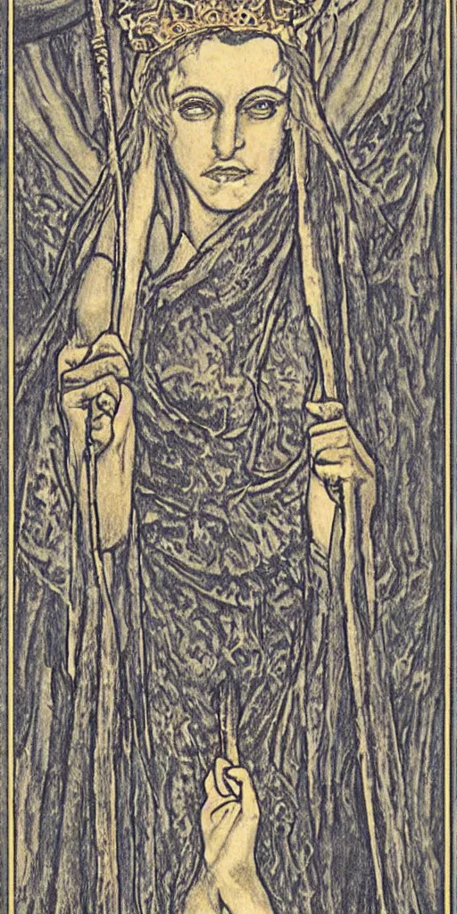 Image similar to the queen of wands tarot card by austin osman spare