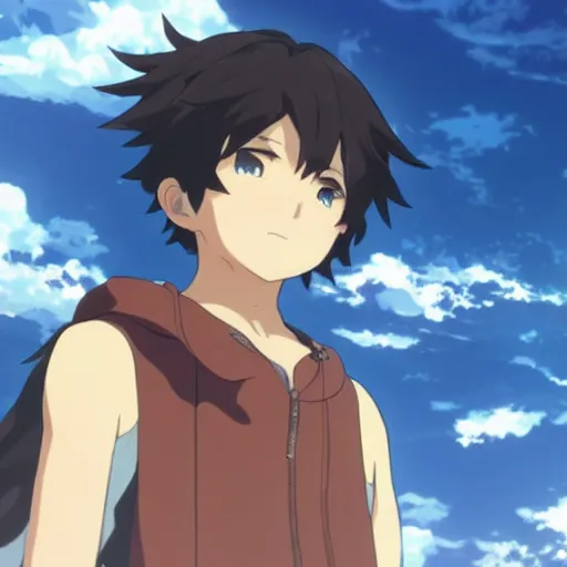 Image similar to epic anime battle brown haired boy summons a tsunami. makoto shinkai. kuvshinov ilya. shigenori soejima.