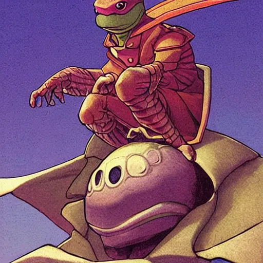 Prompt: anthropomorphic turtle hero, moebius