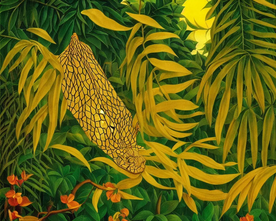 Image similar to an achingly beautiful print of golden scales in the middle of the jungle by Raphael, Hopper, and Rene Magritte. detailed, romantic, enchanting, trending on artstation.