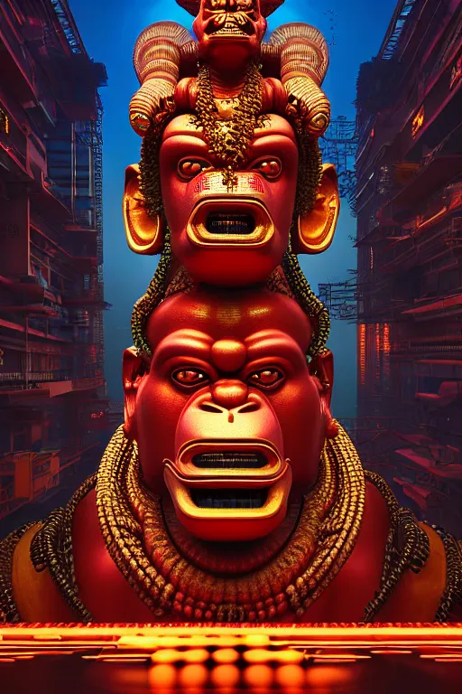 Image similar to high quality 3 d render post - rococo cyberpunk hanuman! head building, neon madhubani, open mouth, highly detailed, in sci - fi shri ram centre, cinematic smooth unreal engine, lee madgwick & liam wong, dramatic light, low angle, uhd 8 k, sharp focus