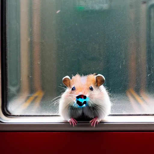 Prompt: photo of a hamster inside a train, looking out of a train window, various poses, unedited, soft light, sharp focus, 8 k