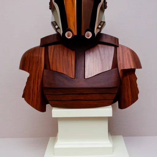 Image similar to a completely made of wood, real - world sculpture bust of the mandolorian star - wars character, made of highly polished walnut wood, polished, cedar, polished tiger - wood. photograph, photographic, 3 5 mm