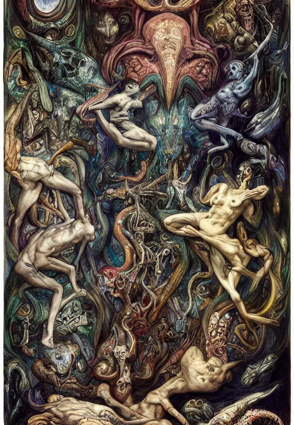 Prompt: simplicity, colorful muscular eldritch animals and bodies radiating spiral, mandala white bones, by h. r. giger and esao andrews and maria sibylla merian eugene delacroix, gustave dore, thomas moran, pop art, chiaroscuro, biopunk, art nouveau