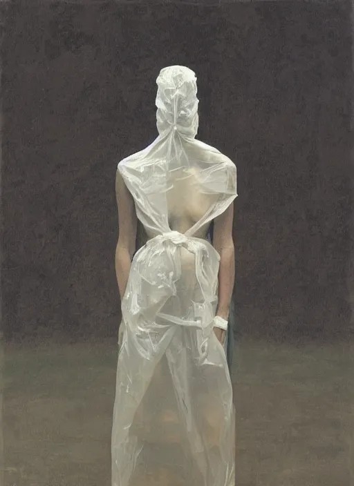 Image similar to woman in a translucent dress made from plastic bag with paper bags for clothes standing inside paper bags with paper bag over the head at store display in a pile of plastic bags Edward Hopper and James Gilleard, Zdzislaw Beksinski, highly detailed