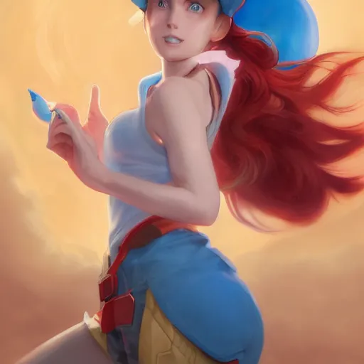 Prompt: Female Pokemon Trainer with Red hair and Blue eyes, detailed, centered, digital painting, artstation, concept art, donato giancola, Joseph Christian Leyendecker, WLOP, Boris Vallejo, Breathtaking, 8k resolution, extremely detailed, beautiful, establishing shot, artistic, hyperrealistic, beautiful face, octane render, cinematic lighting, dramatic lighting, masterpiece