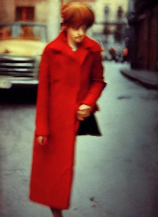 Image similar to portrait, blurry, street photography by saul leiter, red, pale