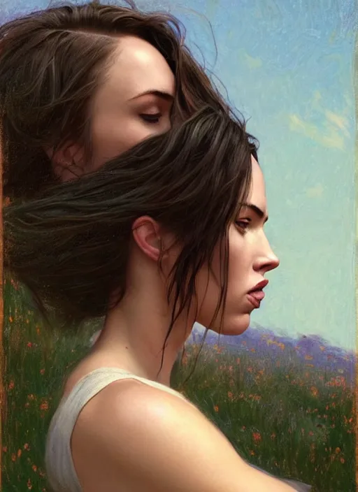 Prompt: megan fox kisses scarlet johansson countryside, calm, fantasy character portrait, dynamic pose, above view, sunny day, thunder clouds in the sky, artwork by jeremy lipkin and giuseppe dangelico pino very coherent asymmetrical artwork, sharp edges, perfect face, simple form, 1 0 0 mm