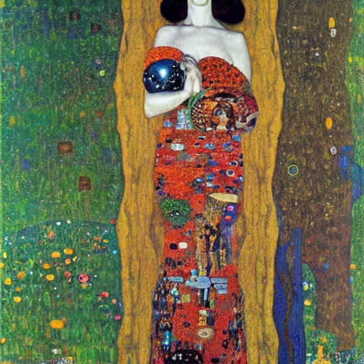 Image similar to portrait of a surreal goddess floating in the middle of a ancient wood, painting by Gustav Klimt and Andy Warhol