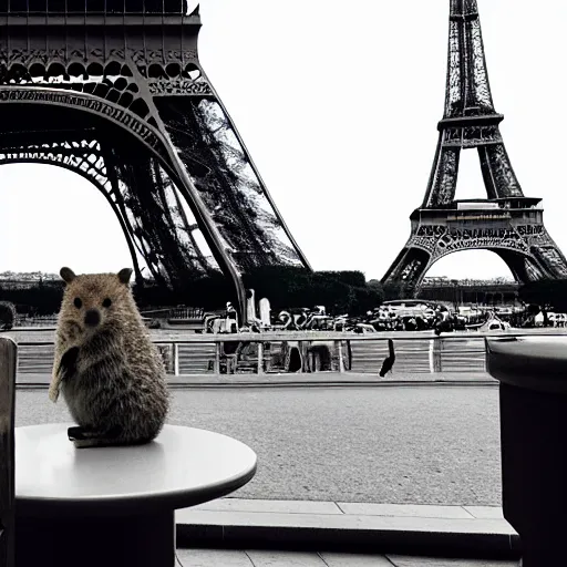 Prompt: a quokka sitting by a table outside a cafe in paris, the eiffel tower is visible in the background, starry sky, black and white photograph