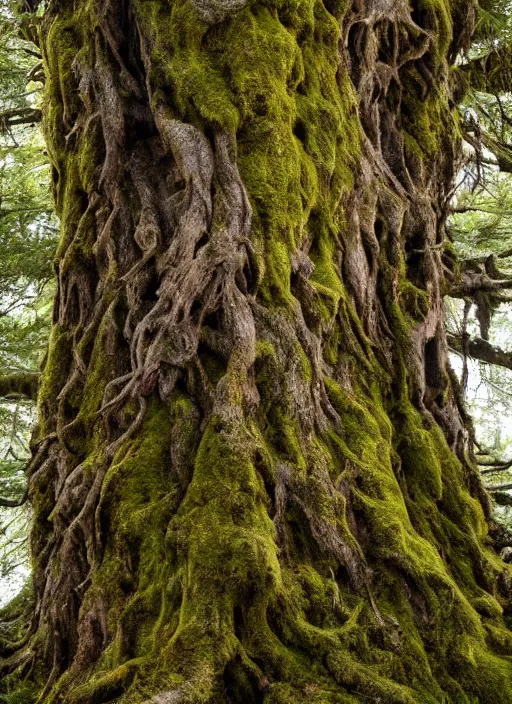 Image similar to photograph of hyperrealistic hyperdetailed ancient tree morphing into a beautiful kind face covered with bark and moss, in a dark mysterious forest at sunset