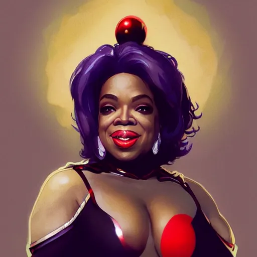 Image similar to Portrait of Oprah Winfrey as Harley Quinn, by artgerm and greg rutkowski and alphonse mucha and loish and WLOP, artstation, detailed, concept art, deviantart, colorful