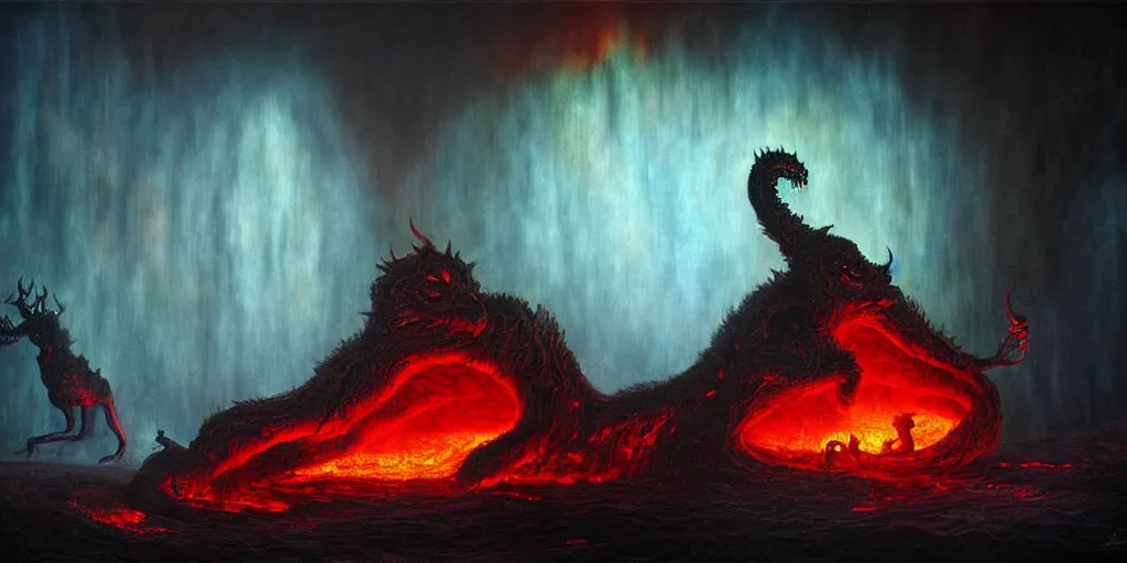 Image similar to mythical creatures and monsters at the mouth of hell, dramatic lighting glow from giant fire, in a dark surreal painting by ronny khalil