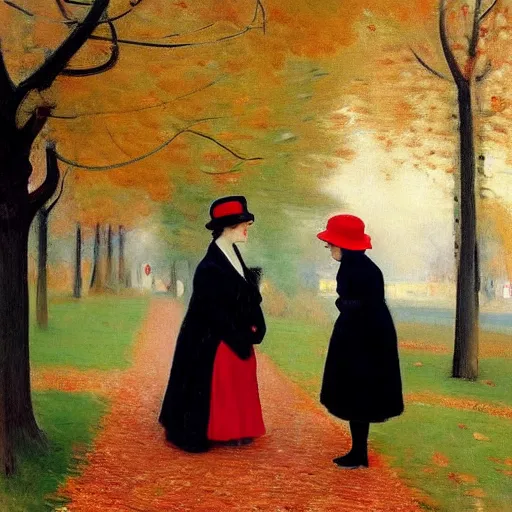 Prompt: a thin man in a black coat and bowler hat talks with small young girl who is dressed in a red coat and a red hat, park, autumn, 1923, wide angle, high detail, in style of Berthe Morisot, 8k, width 768