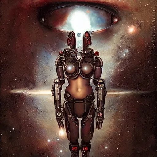 Prompt: the edge of the universe (on film), cybernetic cyborg warrior, by Bastien Lecouffe-Deharme and Rafal Olbinski