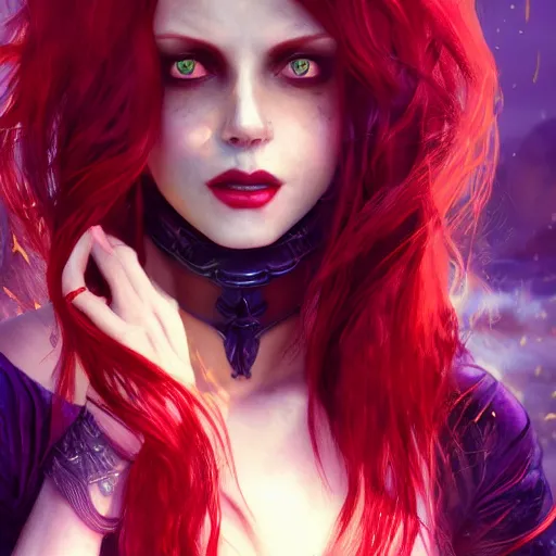 Image similar to redhead vampire sorceress, perfect face viewed in profile, bright glowing purple and red eyes, gold shirt, cinematic, floating ash, stunning, highly detailed, artstation, smooth, hard focus, concept art, art by artgerm and greg rutkowski and alphonse mucha, volumetric lighting, octane render, 4 k resolution, trending on artstation, masterpiece