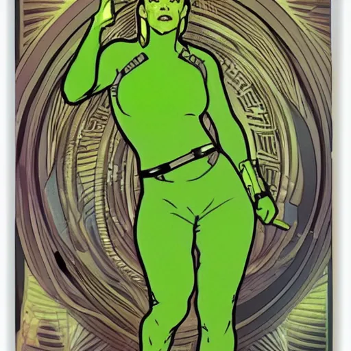 Image similar to Jeri Ryan in the role of Seven of Nine the Borg from star trek, neon green, in the style of Alphonse Mucha,